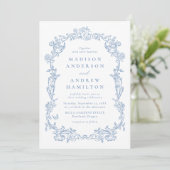 Elegant Dusty Blue Victorian Floral Photo Wedding Kaart (Staand voorkant)