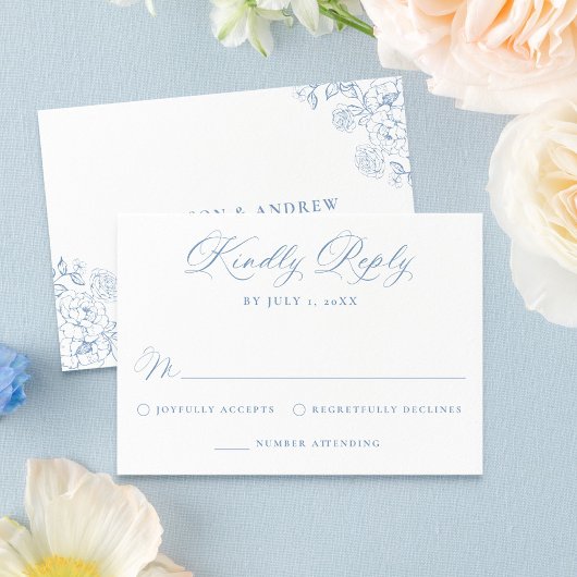 Elegant Dusty Blue Victorian Floral Wedding RSVP Kaartje
