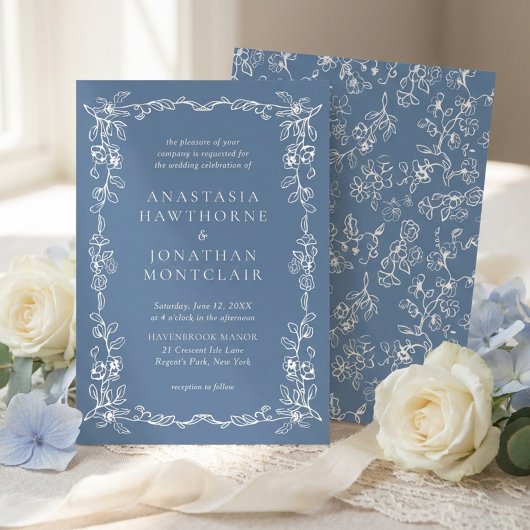 Elegant Dusty Blue Vintage Floral Wedding Kaart