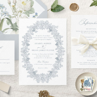 Elegant Dusty Blue Vintage Floral Wreath Wedding Kaart