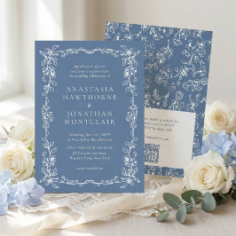 Elegant Dusty Blue Vintage QR Code RSVP Wedding Kaart