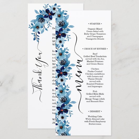 elegant dusty Blue watercolor flower bouquet Menu (Voorkant / Achterkant)