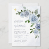 Elegant Dusty Blue Waterverf Floral Baptism Invit Kaart (Voorkant)