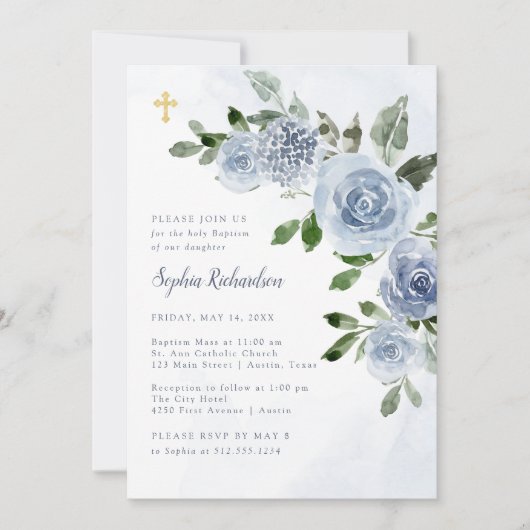 Elegant Dusty Blue Waterverf Floral Baptism Invit Kaart (Voorkant)