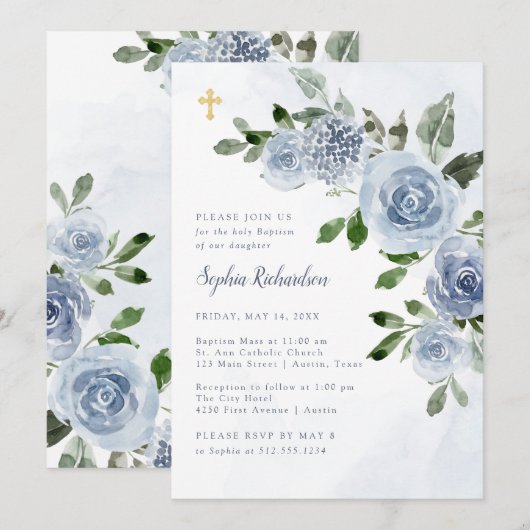 Elegant Dusty Blue Waterverf Floral Baptism Invit Kaart (Voorkant / Achterkant)