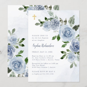 Elegant Dusty Blue Waterverf Floral Baptism Invit Kaart