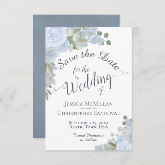 Elegant Dusty Blue Waterverf Floral Boho Wedding Save The Date (Voorkant / Achterkant)