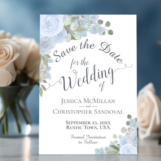 Elegant Dusty Blue Waterverf Floral Boho Wedding Save The Date
