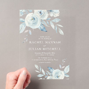 Elegant dusty blue waterverf floral bruiloft acryl uitnodigingen