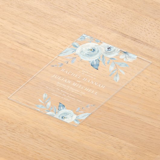 Elegant dusty blue waterverf floral bruiloft acryl uitnodigingen (Laagn)