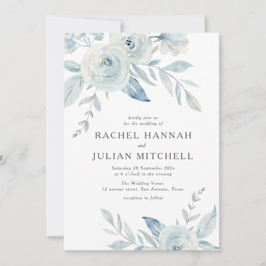 Elegant dusty blue waterverf floral bruiloft kaart (Voorkant)