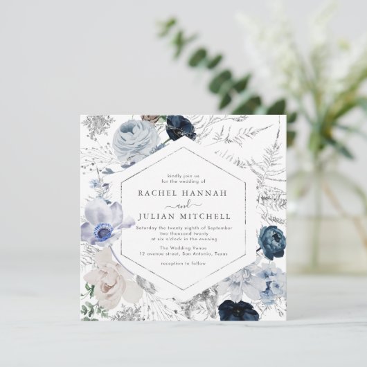 Elegant dusty blue waterverf floral bruiloft kaart (Staand voorkant)