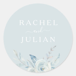 elegant dusty blue waterverf floral bruiloft ronde sticker