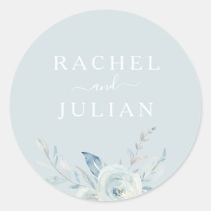 elegant dusty blue waterverf floral bruiloft ronde sticker