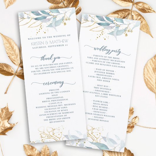 Elegant Dusty Blue Waterverf Floral Gold Wedding