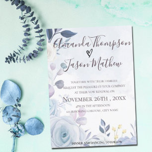 Elegant Dusty Blue Waterverf Floral Vow Renewal Kaart