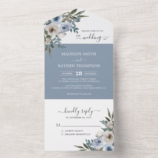 Elegant Dusty Blue Waterverf Floral Wedding All In One Uitnodiging (Binnen)