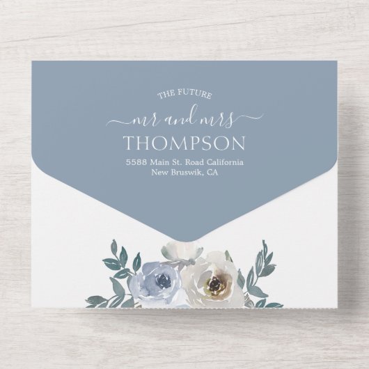 Elegant Dusty Blue Waterverf Floral Wedding All In One Uitnodiging (Achterkant)