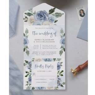 Elegant Dusty Blue Waterverf Floral Wedding All In One Uitnodiging