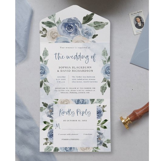 Elegant Dusty Blue Waterverf Floral Wedding All In One Uitnodiging