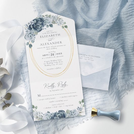 Elegant Dusty Blue Waterverf Floral Wedding All In One Uitnodiging