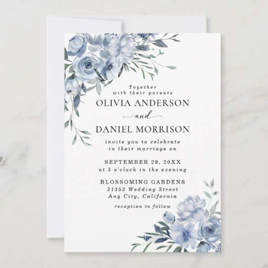 Elegant Dusty Blue Waterverf Floral Wedding Kaart (Voorkant)
