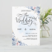 Elegant Dusty Blue Waterverf Floral Wedding Kaart (Staand voorkant)