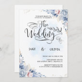 Elegant Dusty Blue Waterverf Floral Wedding Kaart (Voorkant / Achterkant)