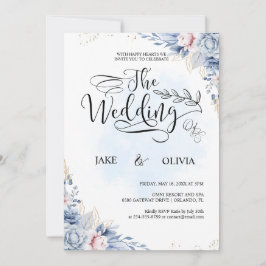 Elegant Dusty Blue Waterverf Floral Wedding Kaart