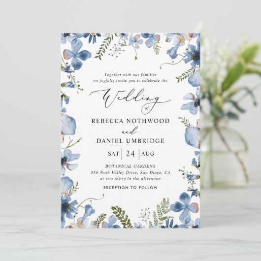 Elegant Dusty Blue Waterverf Floral Wedding Kaart (Staand voorkant)