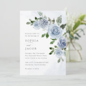 Elegant Dusty Blue Waterverf Floral Wedding Kaart (Staand voorkant)