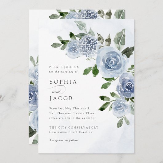 Elegant Dusty Blue Waterverf Floral Wedding Kaart (Voorkant / Achterkant)