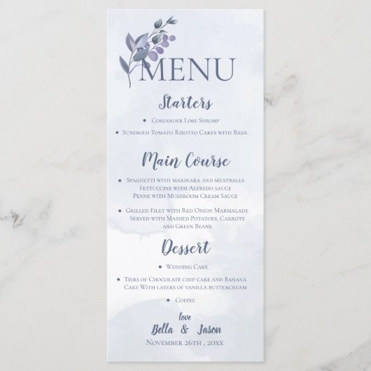 Elegant Dusty Blue Waterverf Floral Wedding Party Menu (Voorkant)
