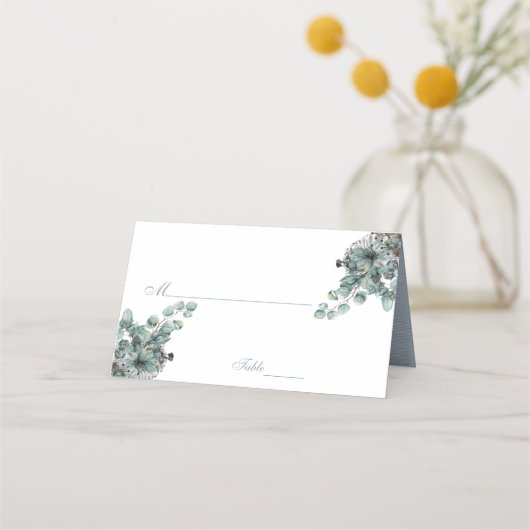 Elegant Dusty Blue Waterverf Floral Wedding Plaatskaartje (Voorkant)