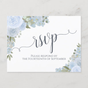 Elegant Dusty Blue Waterverf Floral Wedding RSVP Briefkaart