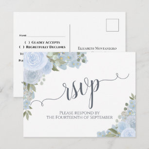 Elegant Dusty Blue Waterverf Floral Wedding RSVP Briefkaart