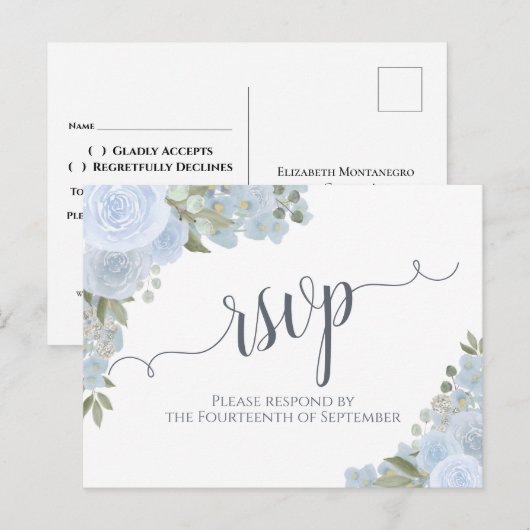 Elegant Dusty Blue Waterverf Floral Wedding RSVP Briefkaart (Voorkant / Achterkant)