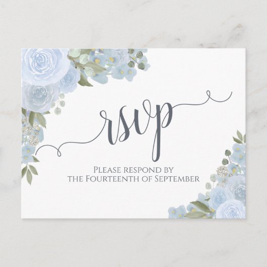 Elegant Dusty Blue Waterverf Floral Wedding RSVP Briefkaart (Voorkant)