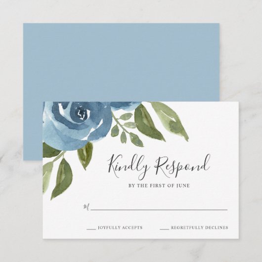 Elegant Dusty Blue Waterverf Floral Wedding RSVP Kaartje (Voorkant / Achterkant)
