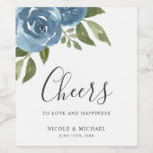 Elegant Dusty Blue Waterverf Floral Wedding Wijn Etiket (Enkel label)