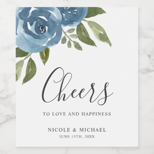 Elegant Dusty Blue Waterverf Floral Wedding Wijn Etiket (Enkel label)