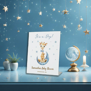 Elegant Dusty Blue Waterverf Giraffe Baby shower Reclamebord Met Voetstuk