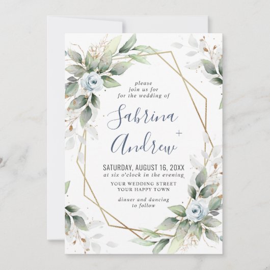 Elegant Dusty Blue Waterverf Greenery Wedding Kaart (Voorkant)