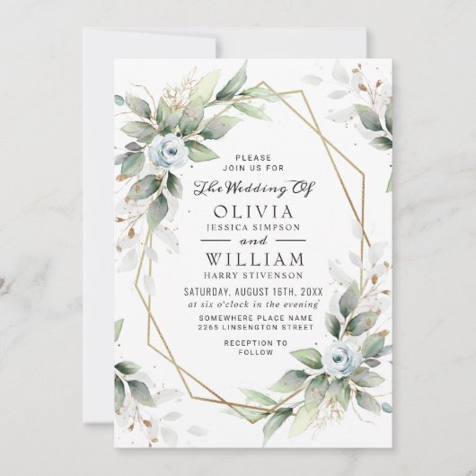 Elegant Dusty Blue Waterverf Greenery Wedding Kaart (Voorkant)