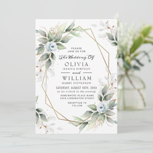 Elegant Dusty Blue Waterverf Greenery Wedding Kaart (Staand voorkant)