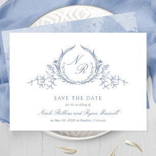 Elegant Dusty Blue Waterverf Monogram Calligrafie Save The Date