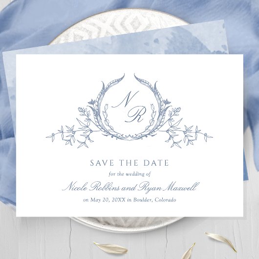 Elegant Dusty Blue Waterverf Monogram Calligrafie Save The Date