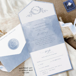 Elegant Dusty Blue Waterverf Monogram Weddenschap  All In One Uitnodiging