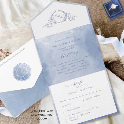 Elegant Dusty Blue Waterverf Monogram Weddenschap  All In One Uitnodiging
