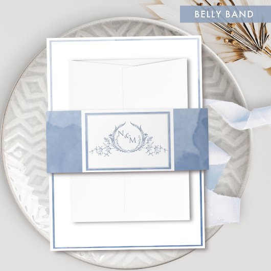 Elegant Dusty Blue Waterverf, Monogram Wedding Uitnodigingen Wikkel